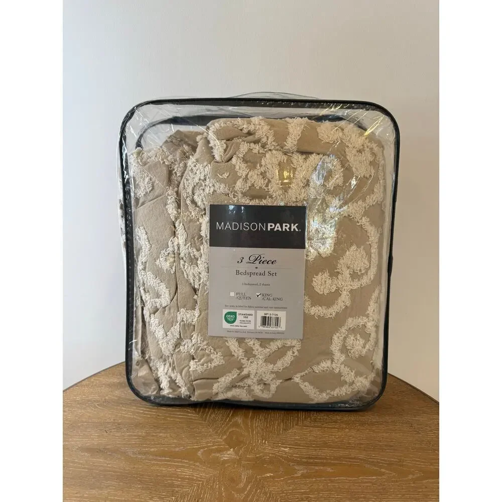 Madison Park King Bedspread Set Beige Chenille Tufted 3pc Luxury Bedding